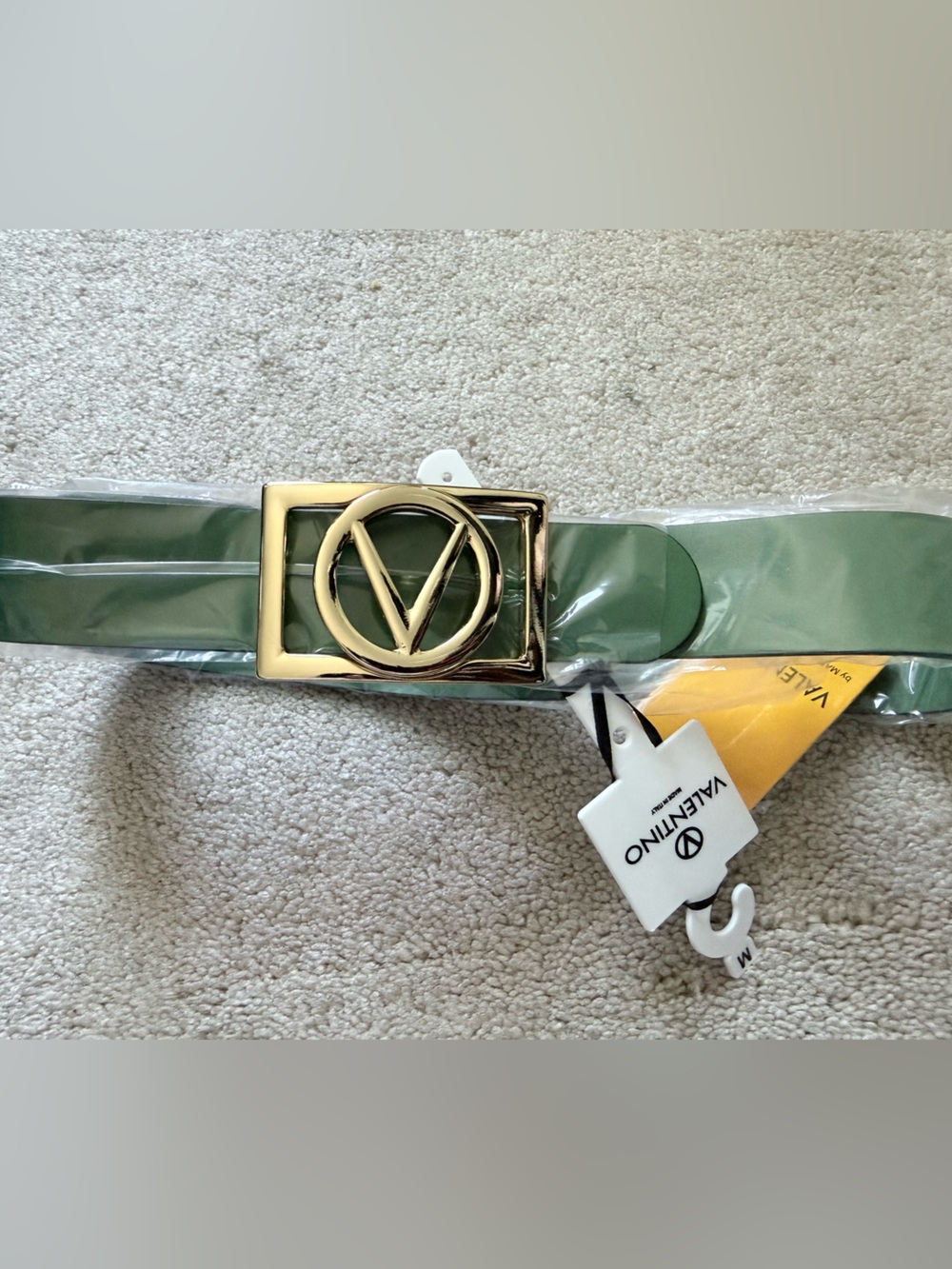 Valentino Olive Patent Logo Belt with Gold-tone Buckle